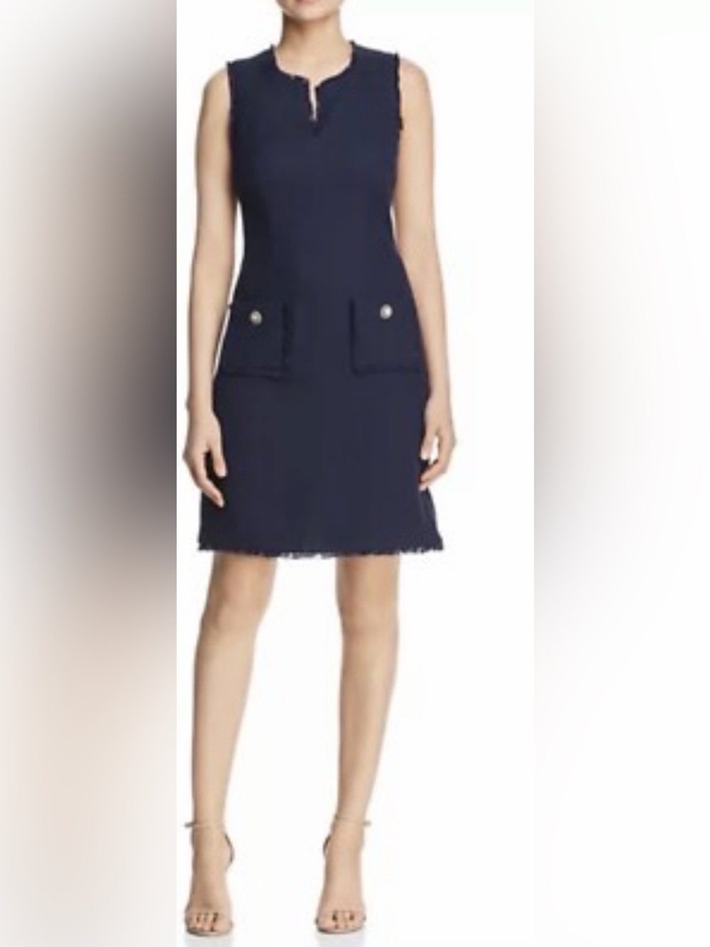 Karl Lagerfeld Navy Tweed Sleeveless Pocket Sheath Dress